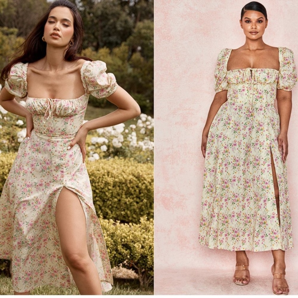House of CB Tallulah Puff Sleeve Corset Midi Sundress in Lemon Floral